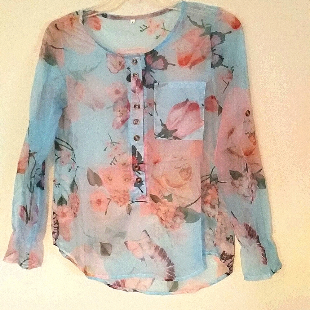 LADIES SHEER LONG SLEEVE BLUE/ PINK TOP, FLOWERS, BUTTERFLIES,  NEW, SIZE SMALL